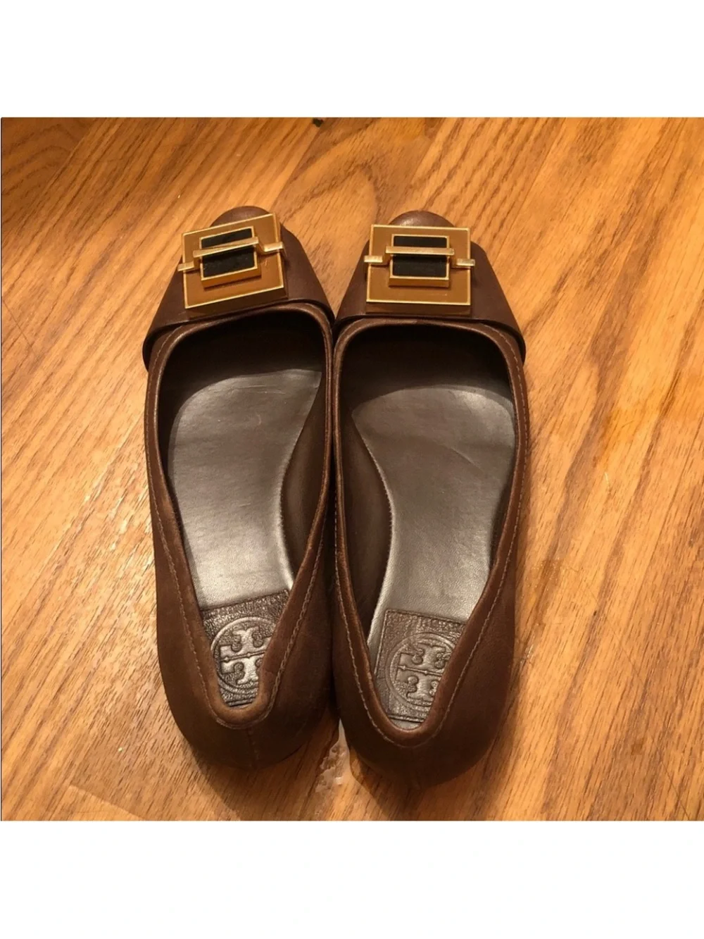 Tory Burch Brown Leather Ballet Flats with Gold Buckle Accent